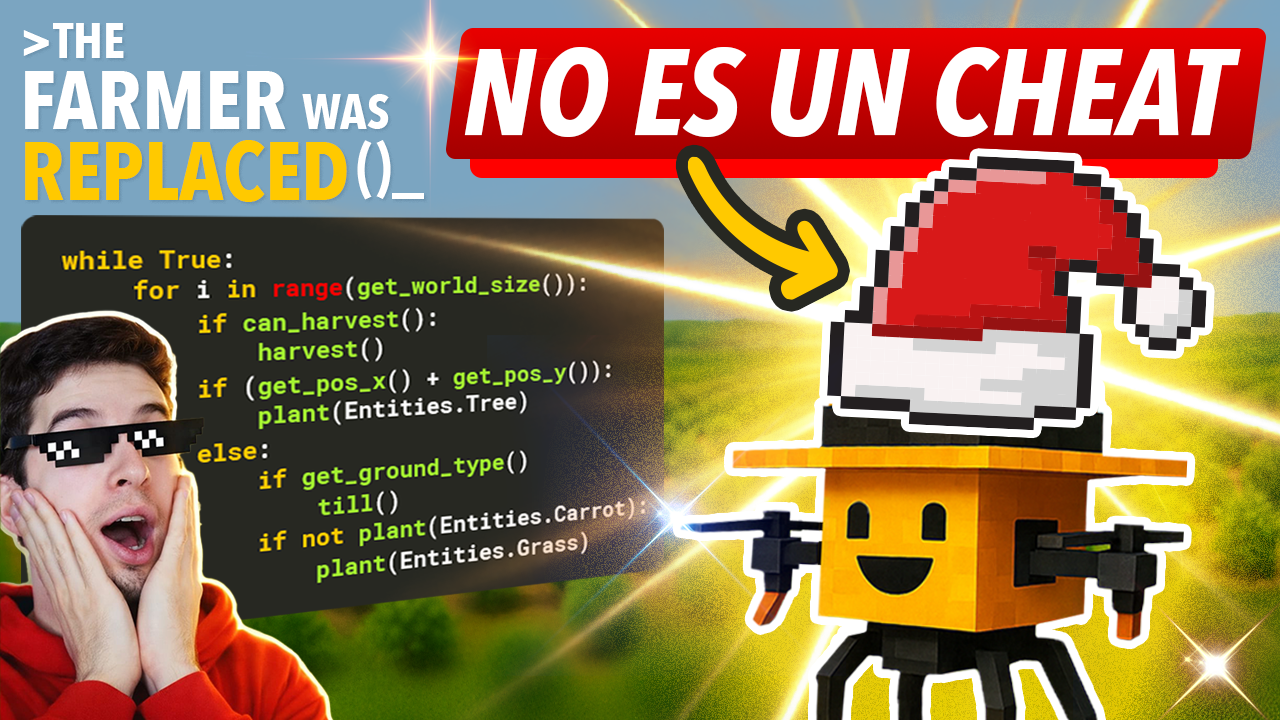 Farming drone with a santa hat beside code, titled No Es Un Cheat