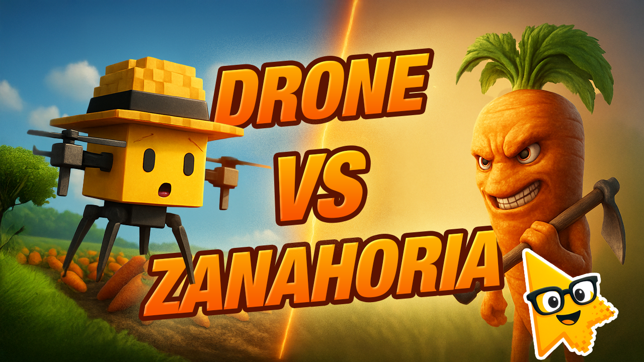 Cartoon drone facing an angry carrot, titled Drone vs Zanahoria
