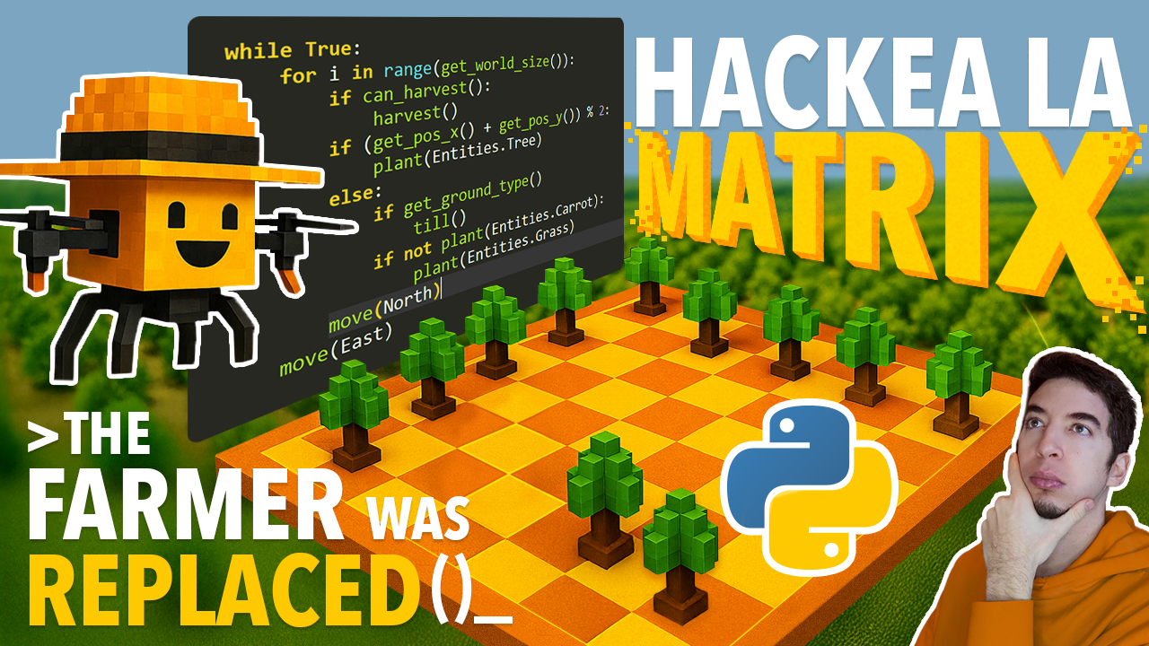 Voxel farm grid with a Python code panel, titled Hackea la Matrix