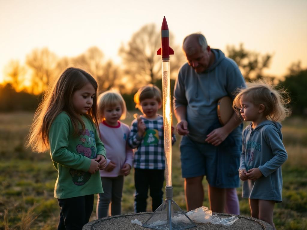 Famiglie che lanciano un razzo ad acqua al tramonto in un laboratorio Wonderlab