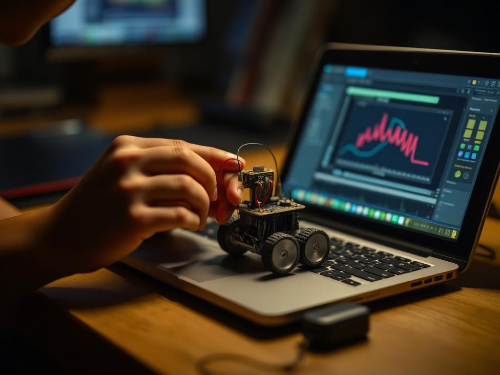 Mani di un bambino che monta un piccolo robot accanto a un portatile con del codice