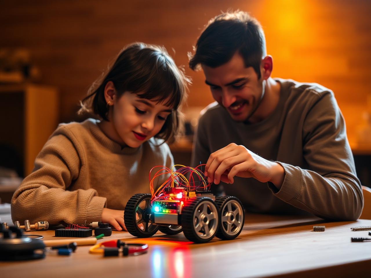 Un adulto e una bambina montano insieme un piccolo robot a quattro ruote