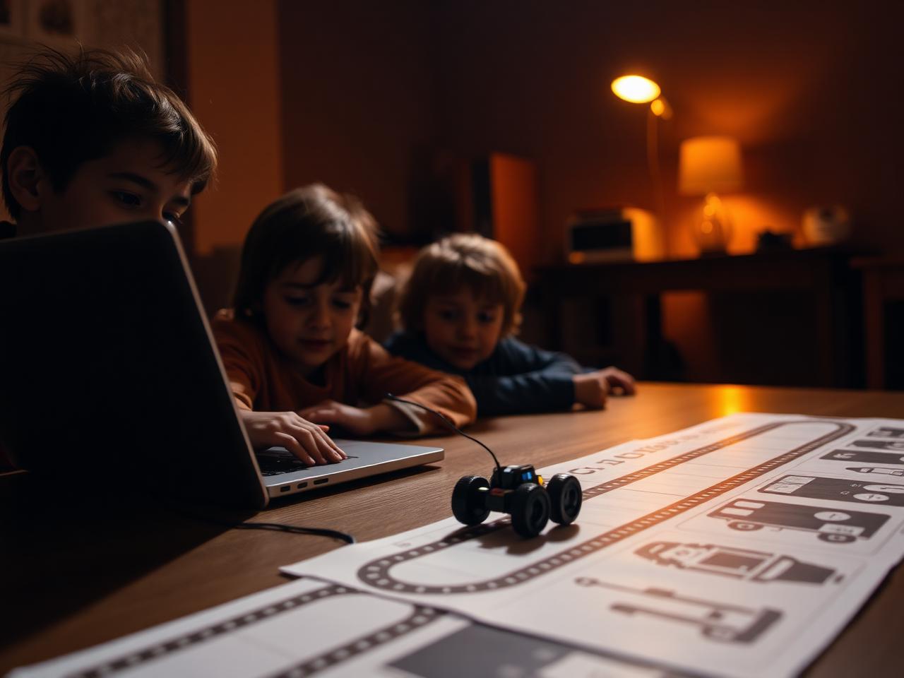 Bambini che programmano un robot inseguitore di linea su un percorso stampato