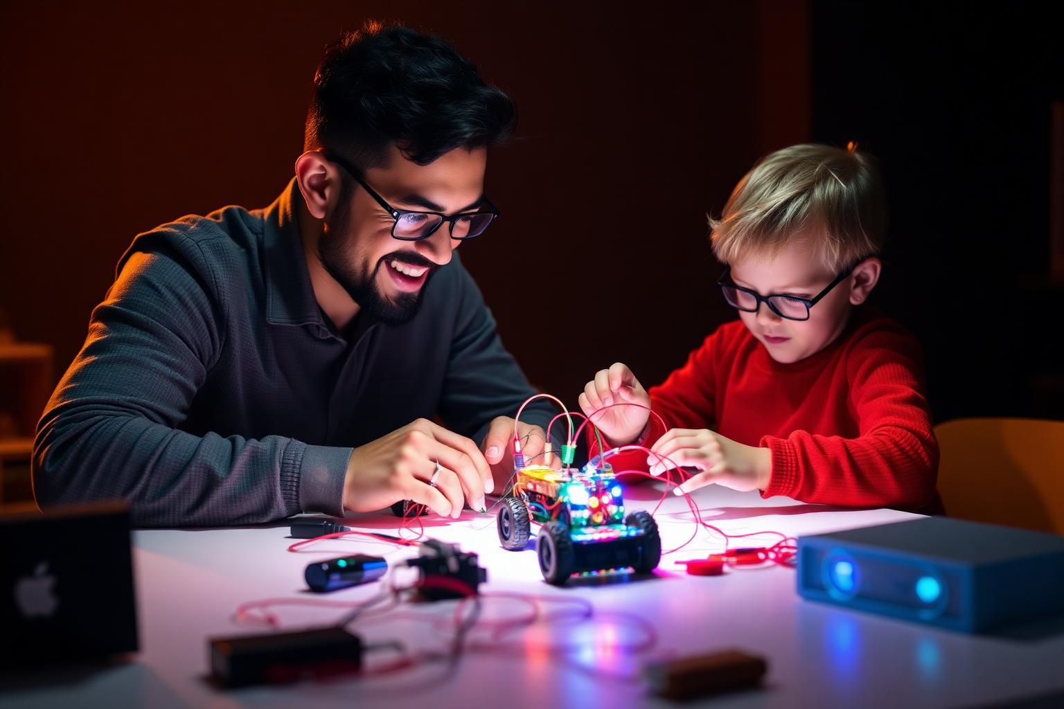 Papà e figlio costruiscono un robot con le luci sul tavolo del laboratorio