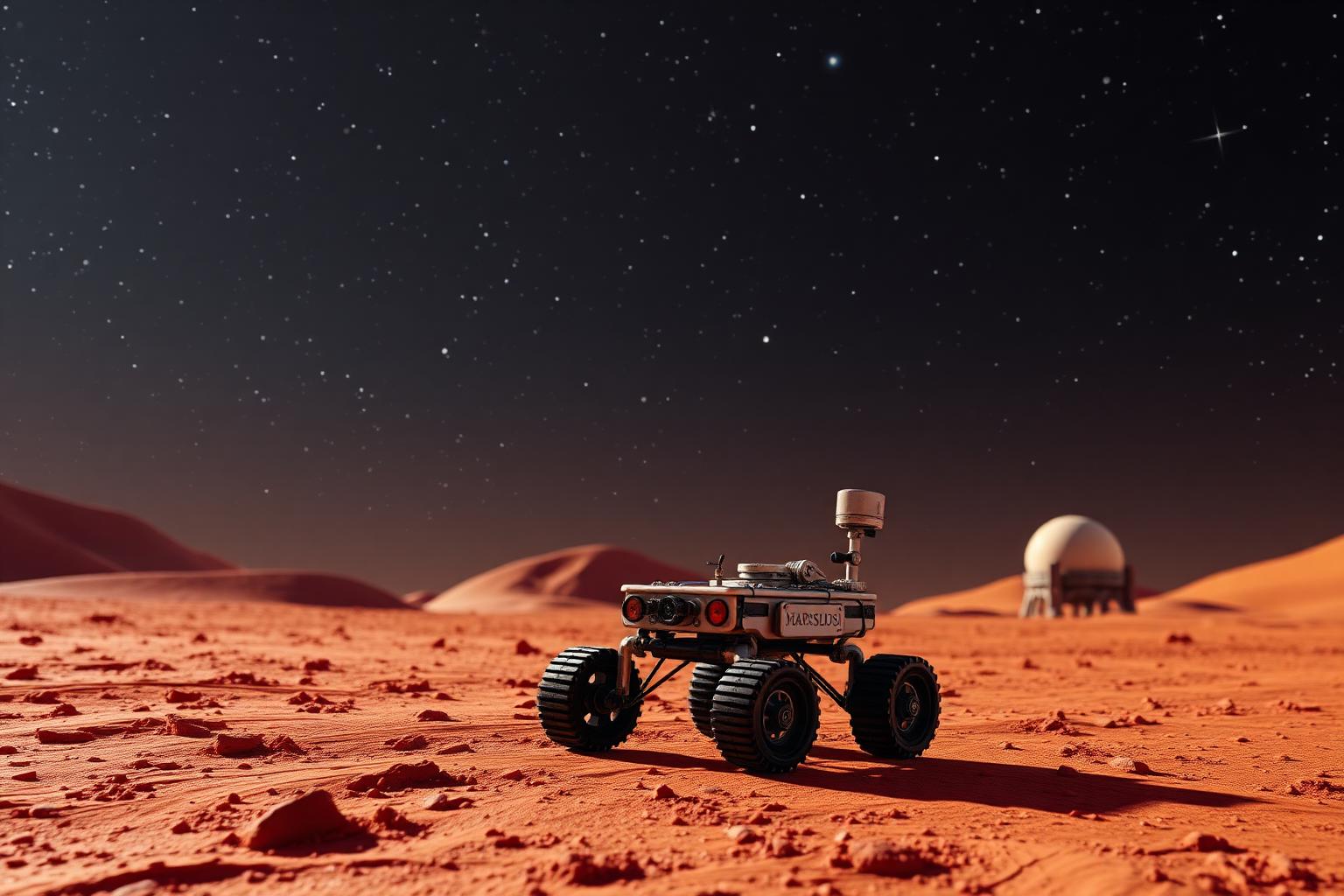 Rover marziano su terreno rosso sotto un cielo pieno di stelle